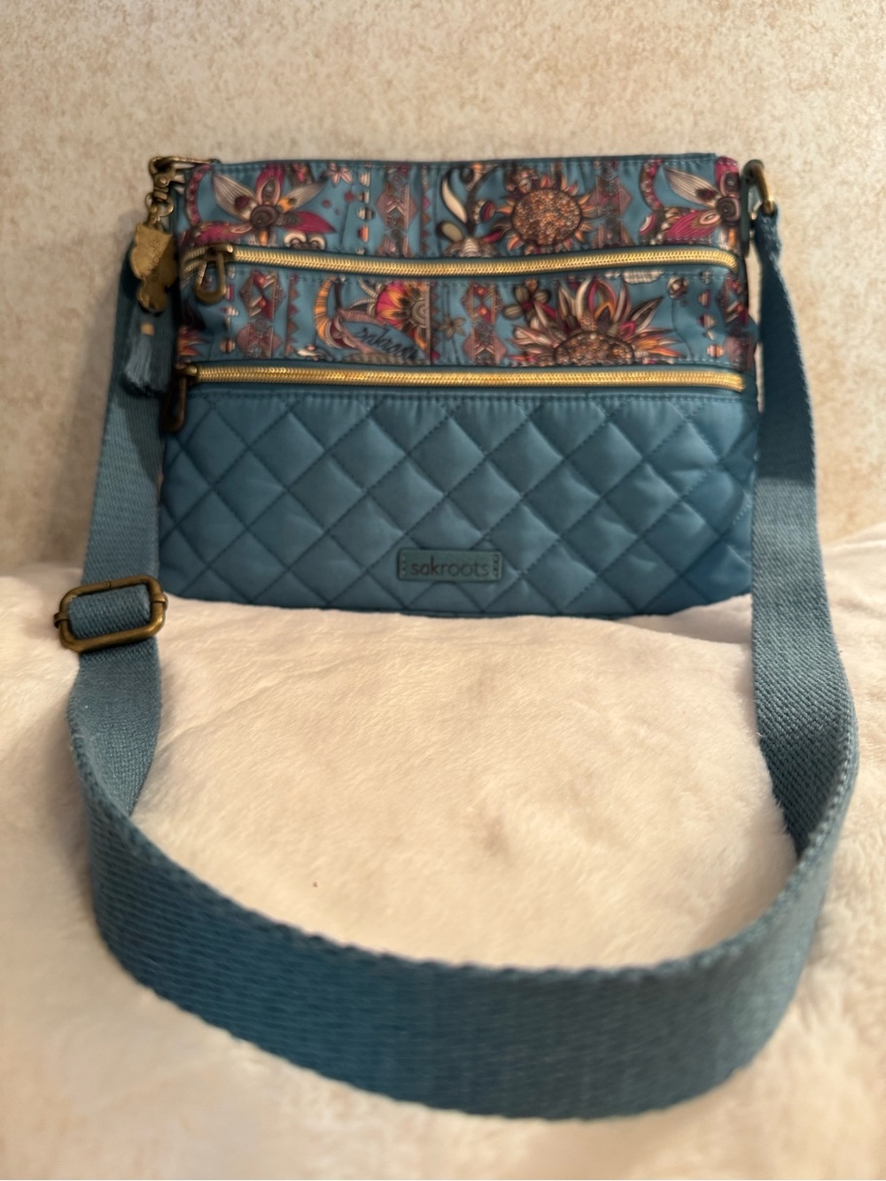 Sakroots Teal Quilted Crossbody Bag with Floral Accent